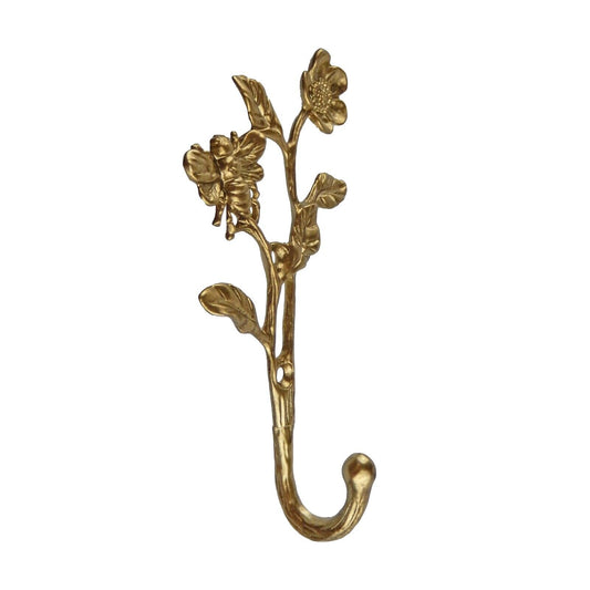 Gold Flower & Bee Metal Wall Hook Key Towel Coat Hanger Lightweight 6 inch Tall