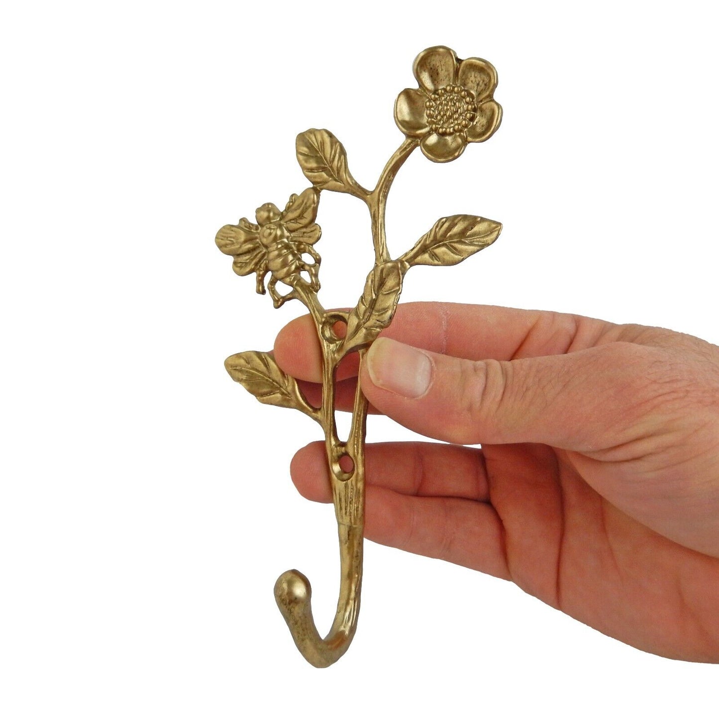 Gold Flower & Bee Metal Wall Hook Key Towel Coat Hanger Lightweight 6 inch Tall