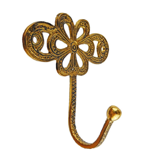 Antique Gold Paisley Floral Metal Wall Hook Key Towel Coat Hanger 3 5/8 in Tall
