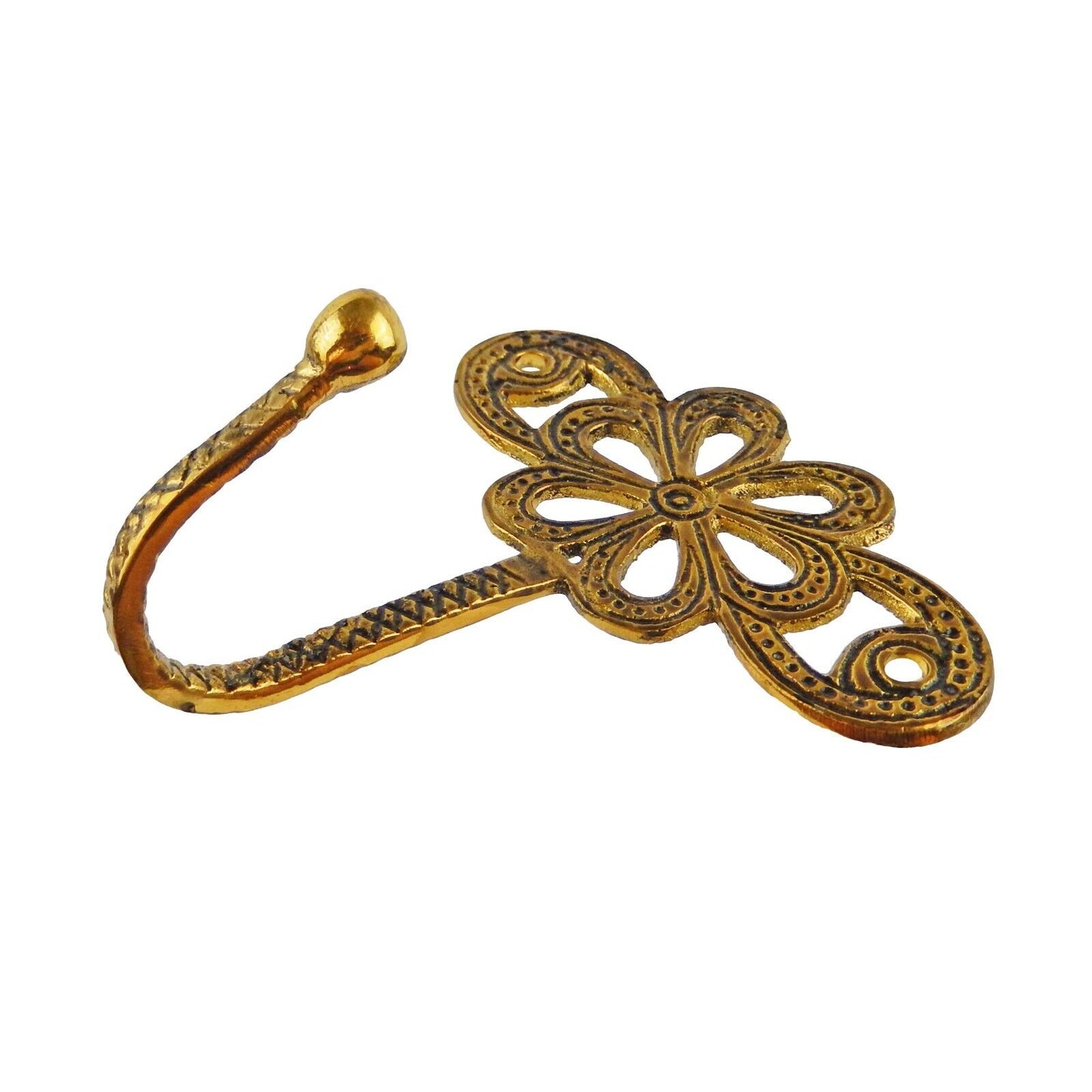 Antique Gold Paisley Floral Metal Wall Hook Key Towel Coat Hanger 3 5/8 in Tall