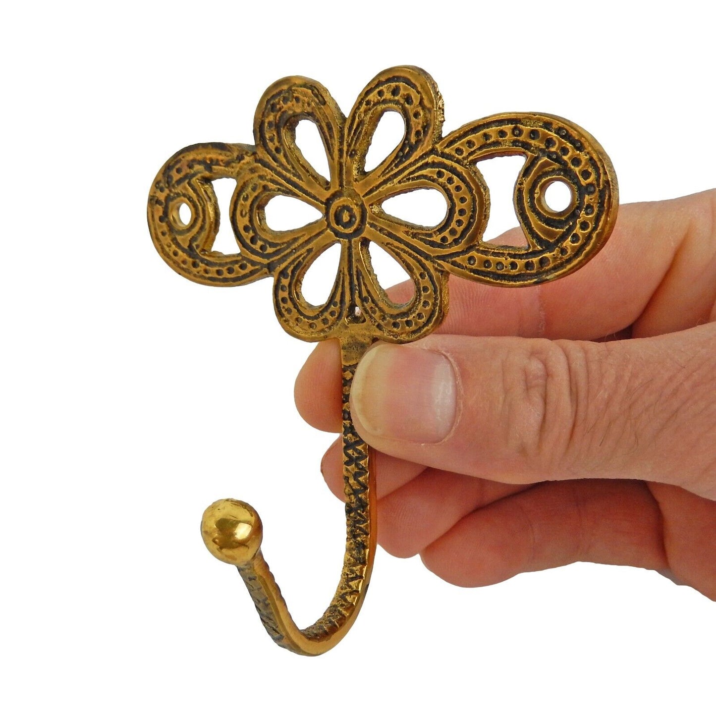Antique Gold Paisley Floral Metal Wall Hook Key Towel Coat Hanger 3 5/8 in Tall