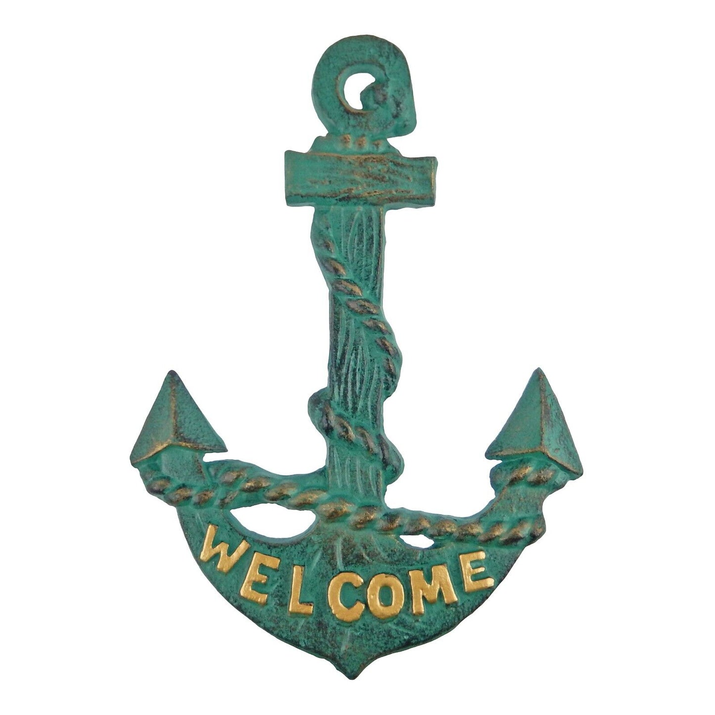 Cast Iron Anchor Welcome Wall Decor Nautical Beach House Boat Sea Green & Gold