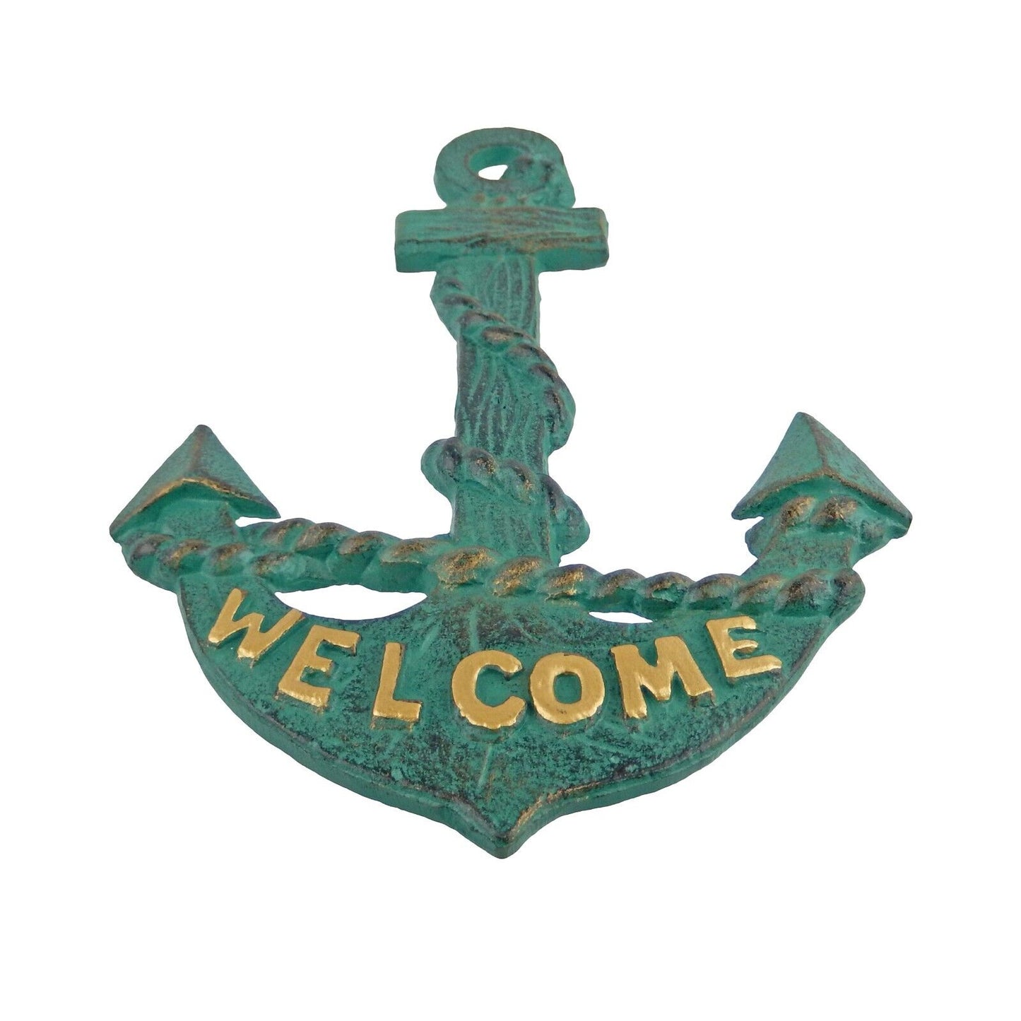 Cast Iron Anchor Welcome Wall Decor Nautical Beach House Boat Sea Green & Gold