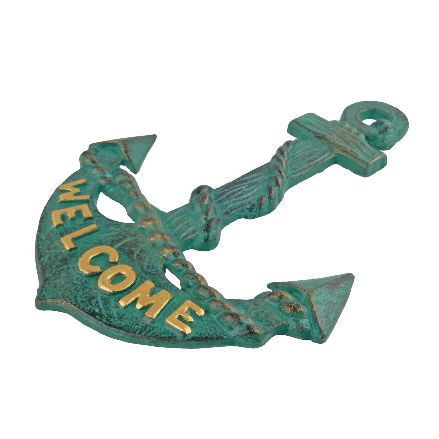 Cast Iron Anchor Welcome Wall Decor Nautical Beach House Boat Sea Green & Gold