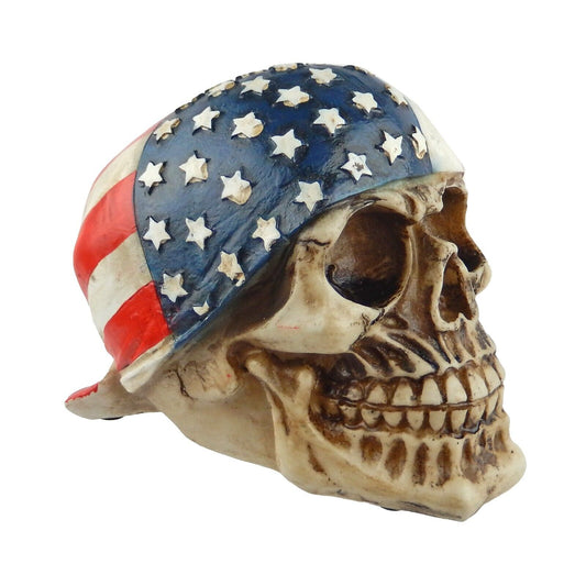 Rustic Gothic Human Skull American Flag Bandana Biker Figurine Shelf Sitter