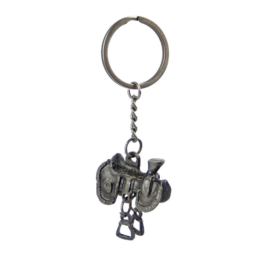 Metal Western Horse Saddle Keychain Keyring Antique Silver Finish 4 inch Long
