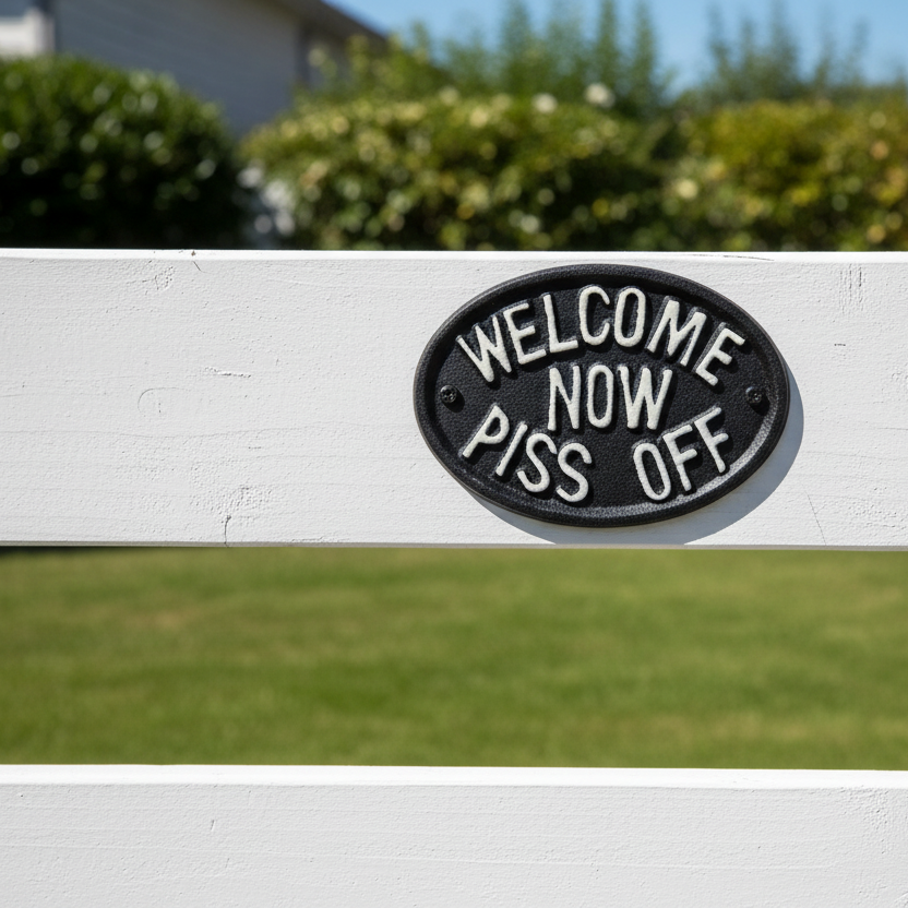 Cast Iron Welcome Now Piss Off Wall Decor Plaque Door Sign Black & White 5 inch