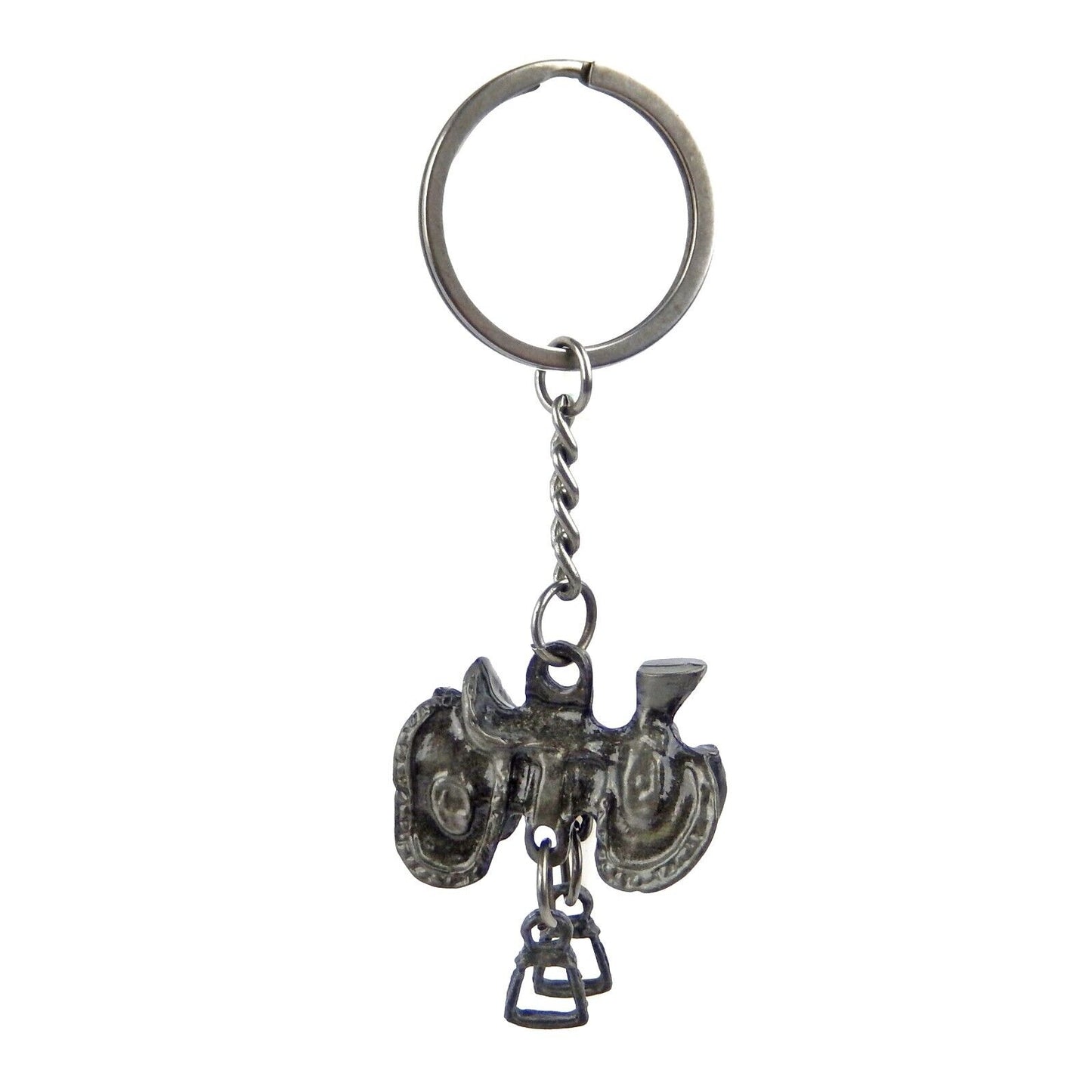 Metal Western Horse Saddle Keychain Keyring Antique Silver Finish 4 inch Long