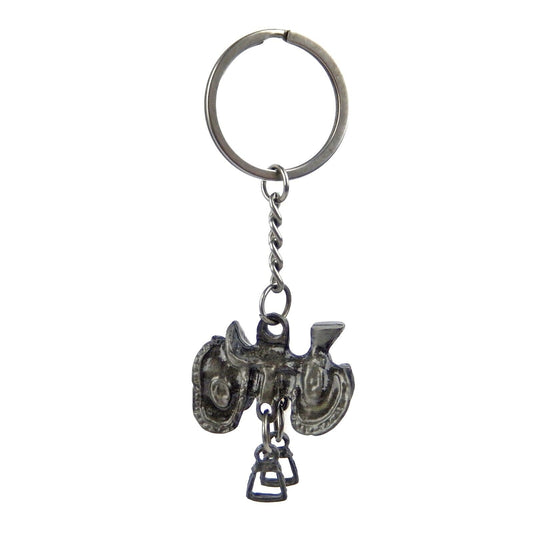 Metal Western Horse Saddle Keychain Keyring Antique Silver Finish 4 inch Long