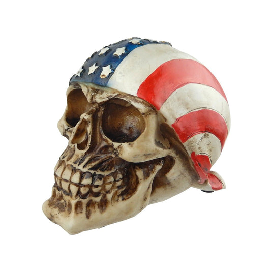 Rustic Gothic Human Skull American Flag Bandana Biker Figurine Shelf Sitter