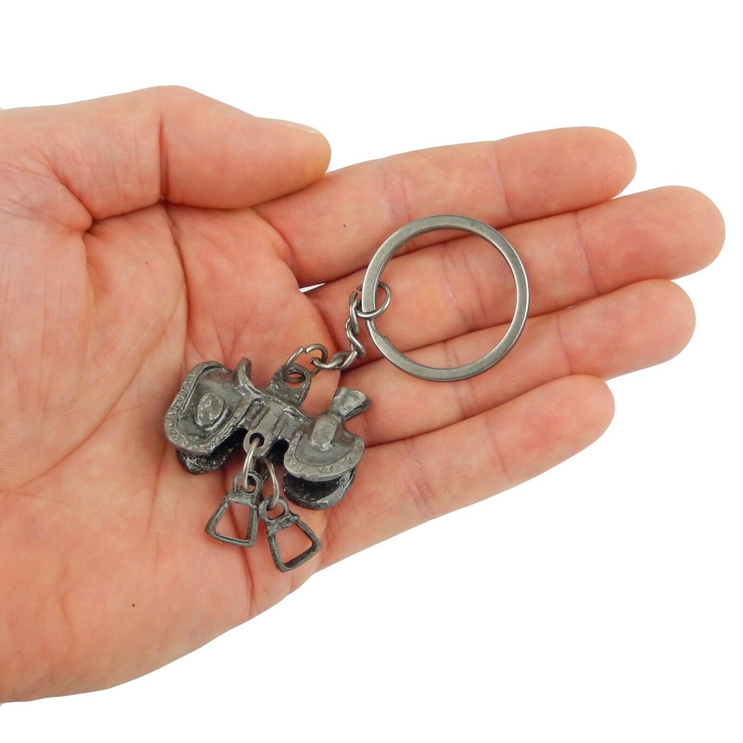 Metal Western Horse Saddle Keychain Keyring Antique Silver Finish 4 inch Long