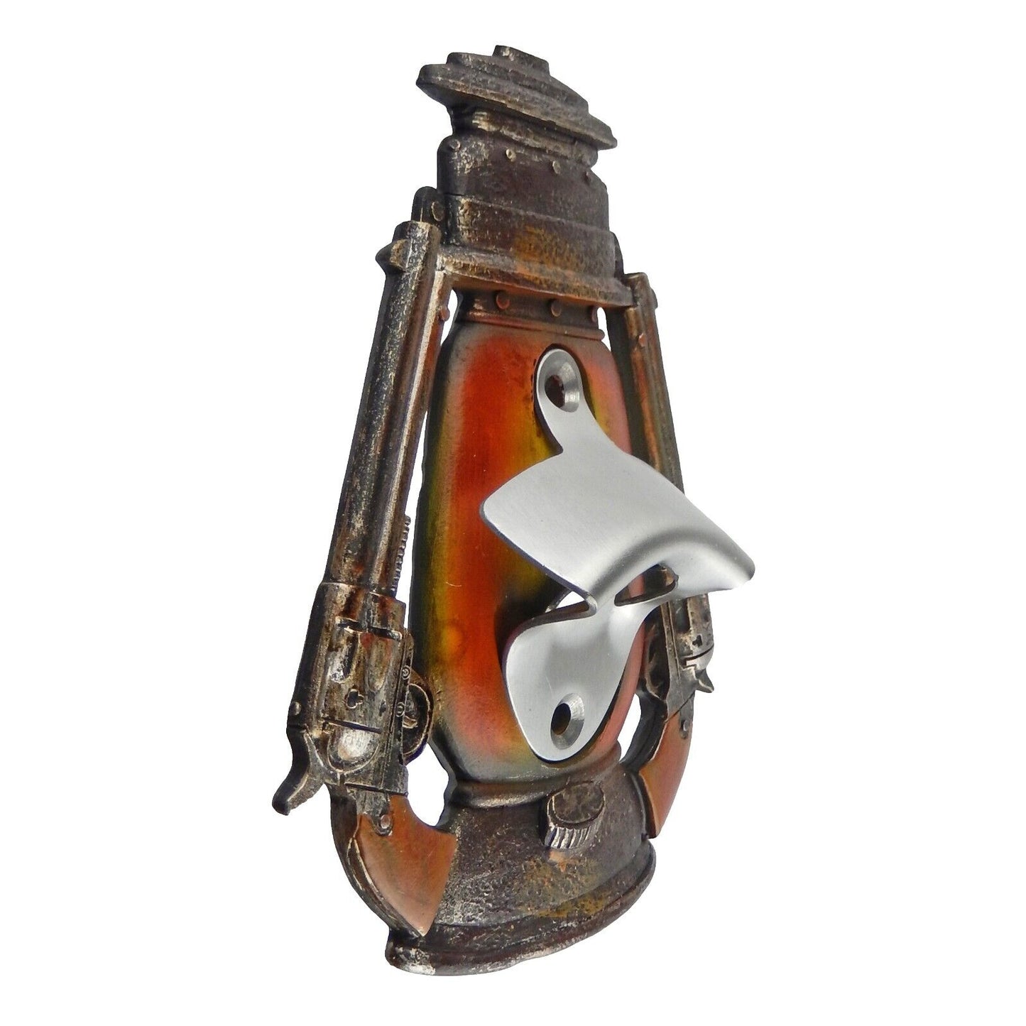 Western Lantern Double Pistols Beer Soda Bottle Opener Wall Mounted Old West Bar