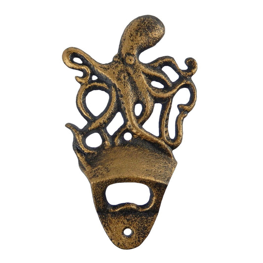 Octopus Beer Bottle Opener Cast Iron Wall Mounted Nautical Rustic Gold Finish
