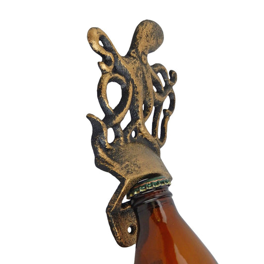 Octopus Beer Bottle Opener Cast Iron Wall Mounted Nautical Rustic Gold Finish