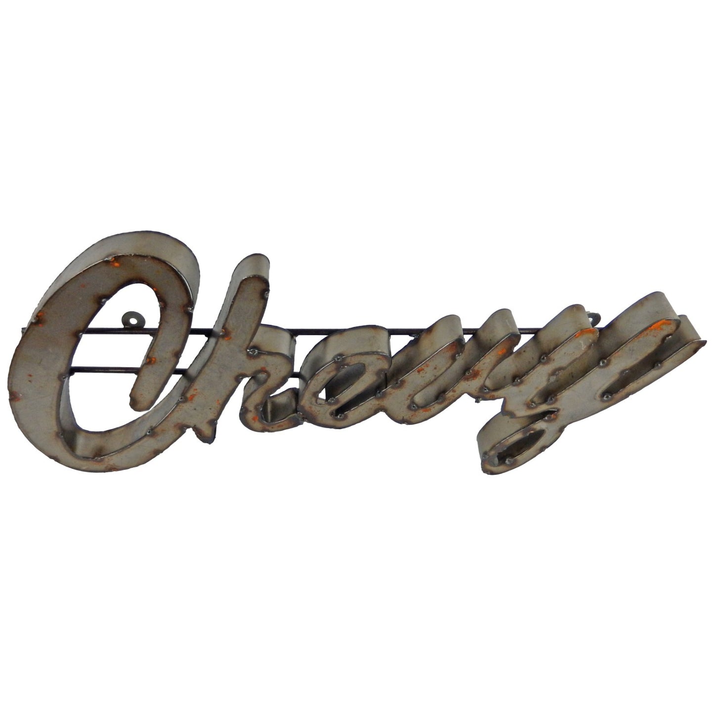 Large Recycled Metal Cursive Chevy Logo Garage Wall Decor Sign Rustic 25 in