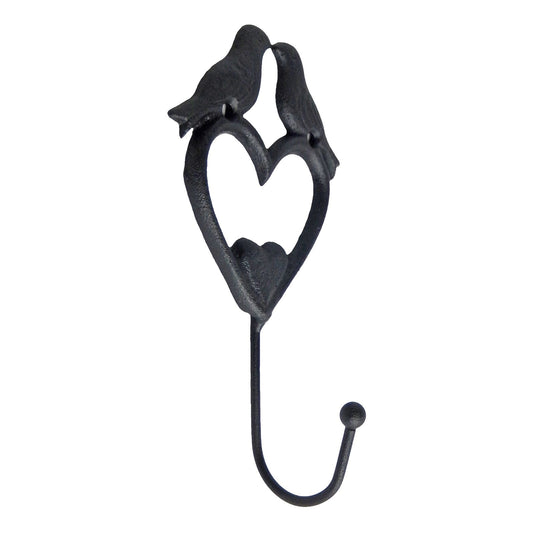 Black Metal Love Birds On Hearts Wall Hook Key Towel Coat Hanger 7 inch Tall