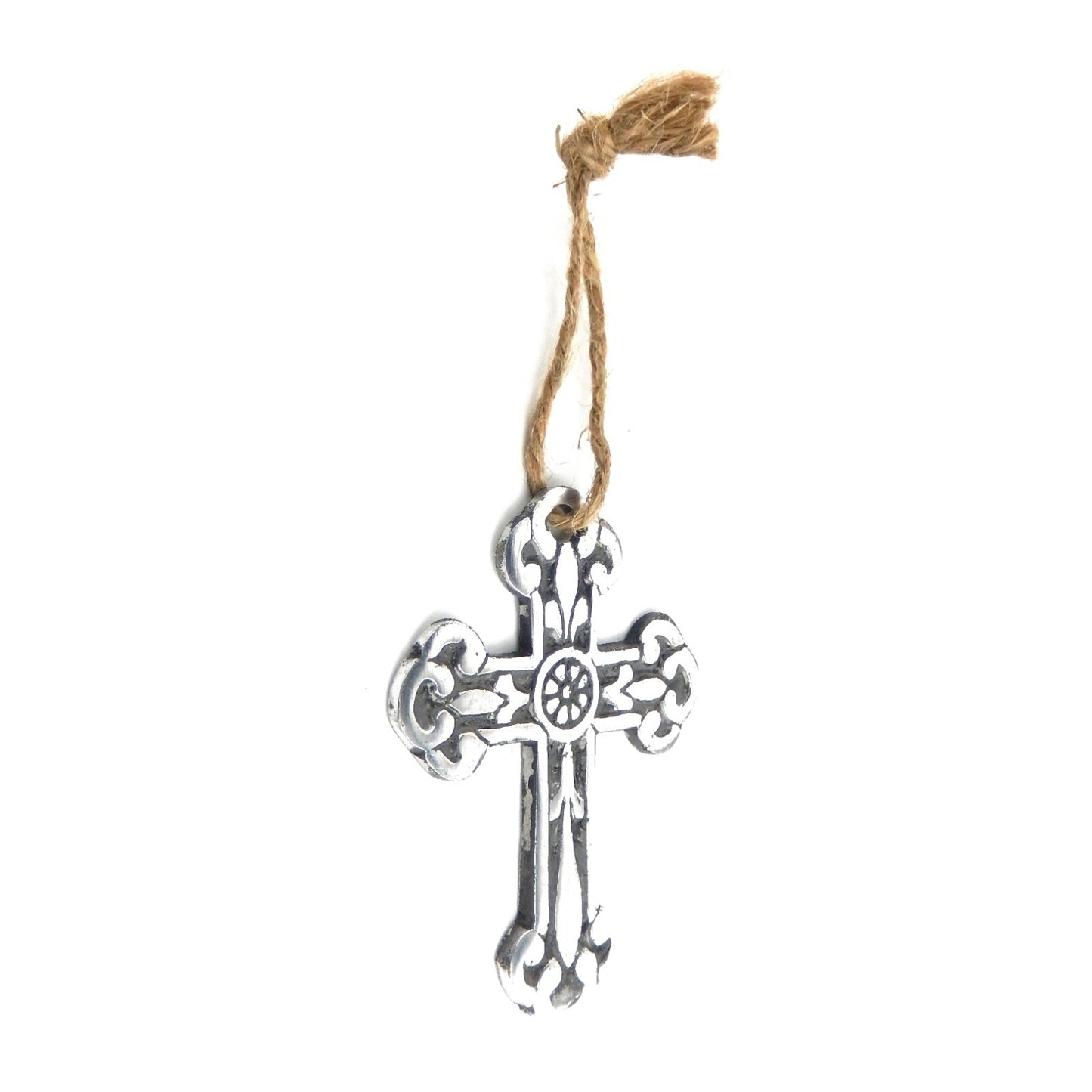 Small Light Polished Aluminum Fleur De Lis Wall Cross Hanging Rope 3 5/8 inch
