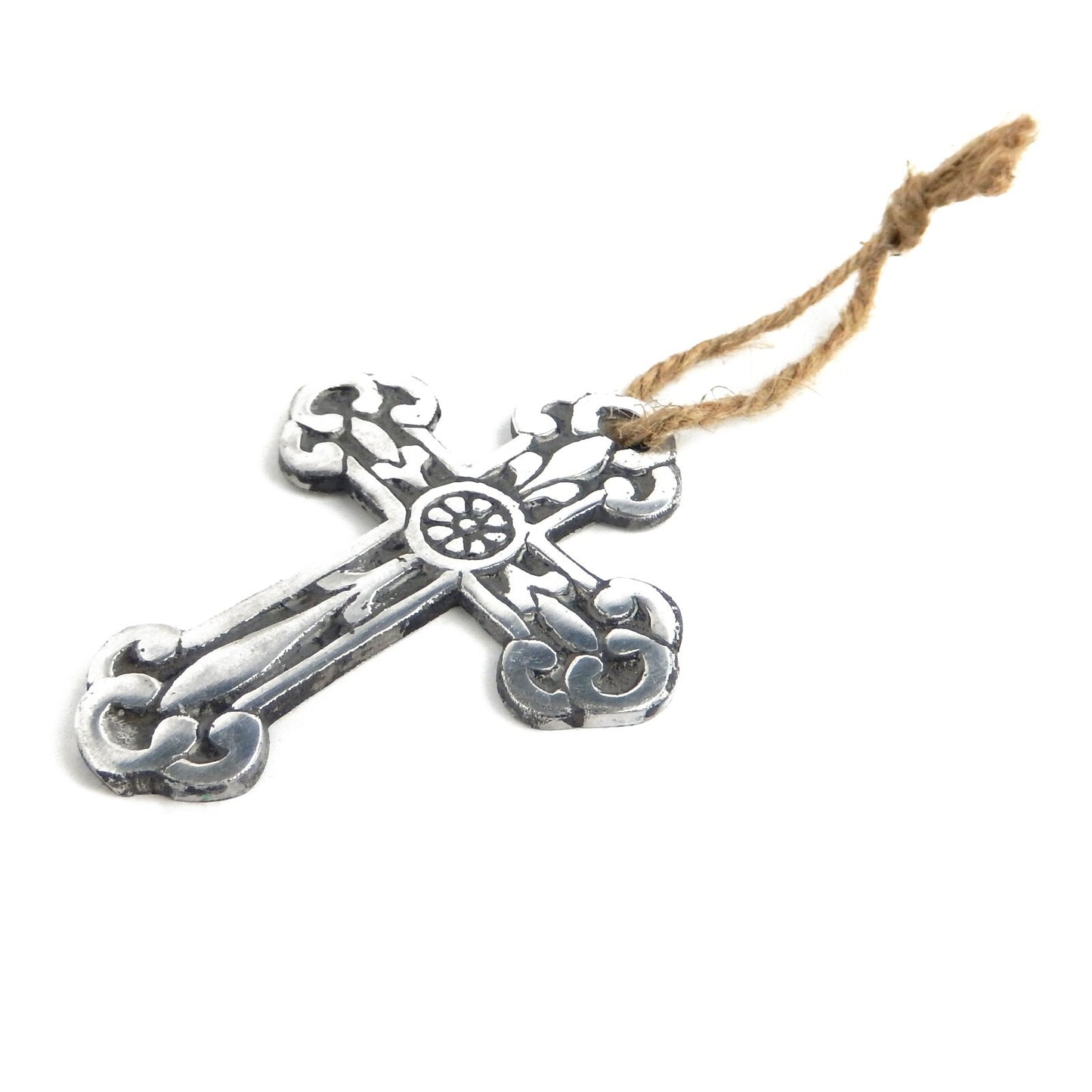 Small Light Polished Aluminum Fleur De Lis Wall Cross Hanging Rope 3 5/8 inch