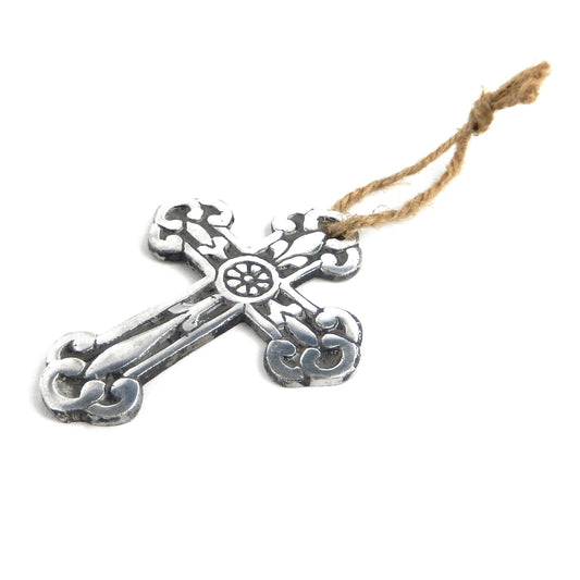 Small Light Polished Aluminum Fleur De Lis Wall Cross Hanging Rope  3 5/8 inch
