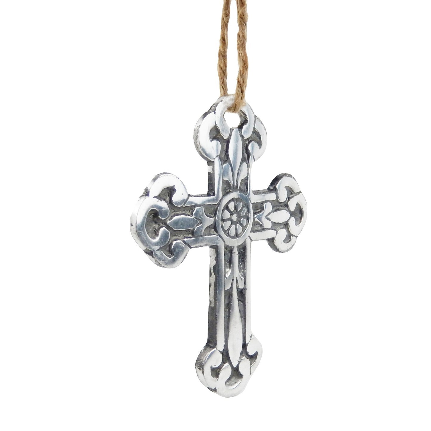 Small Light Polished Aluminum Fleur De Lis Wall Cross Hanging Rope 3 5/8 inch