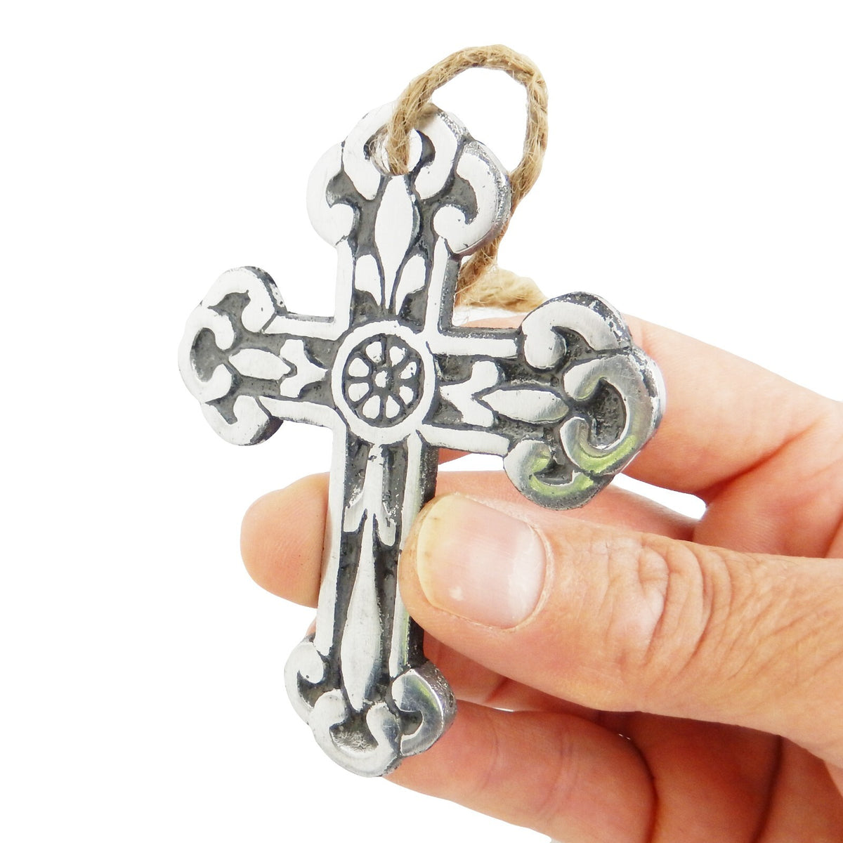 Small Light Polished Aluminum Fleur De Lis Wall Cross Hanging Rope 3 5/8 inch