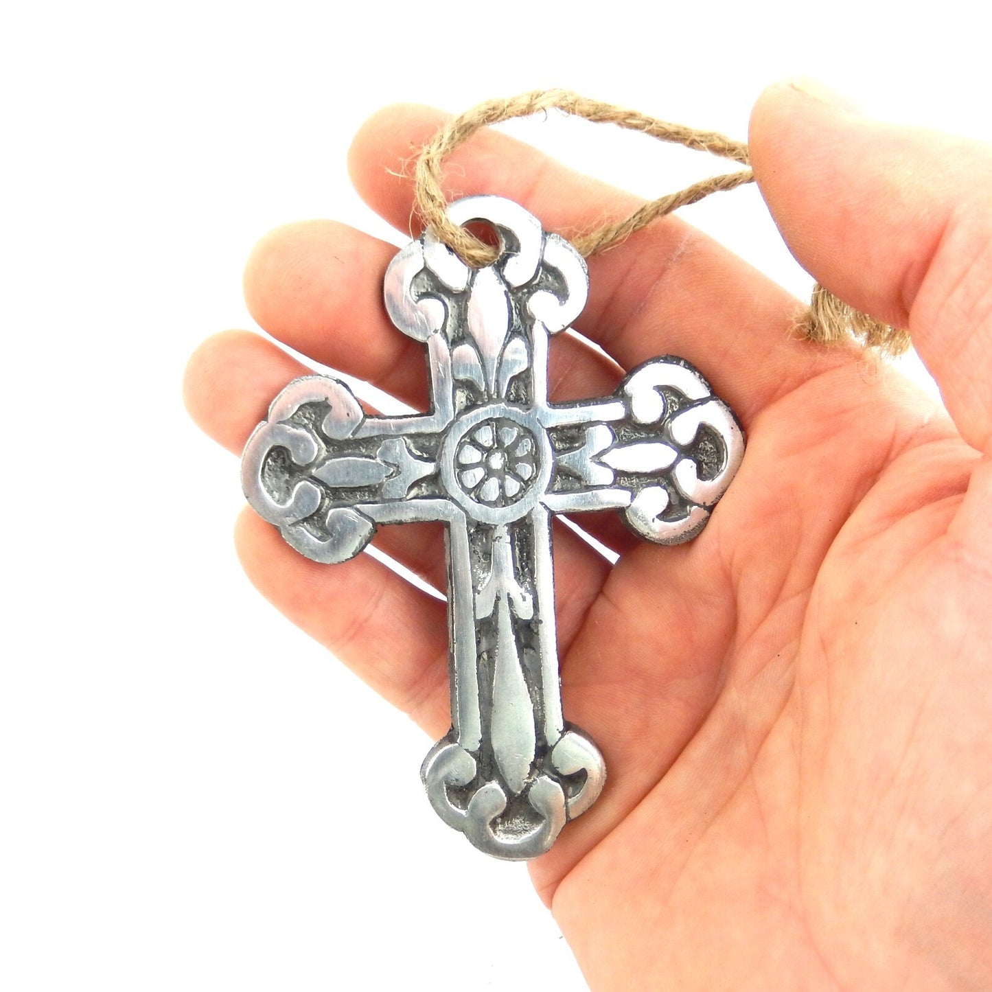 Small Light Polished Aluminum Fleur De Lis Wall Cross Hanging Rope 3 5/8 inch