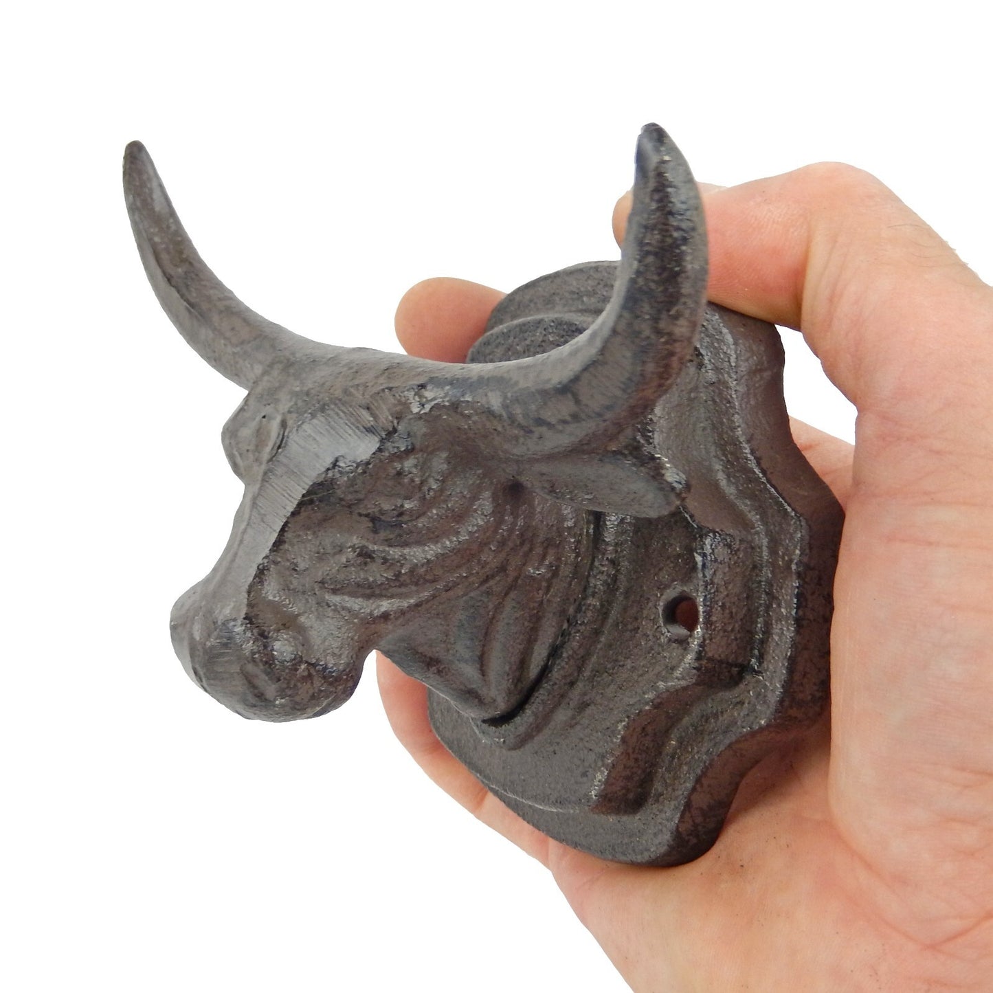 Cast Iron Western Bull Head Steer Double Wall Hook Coat Towel Purse Hanger Brown