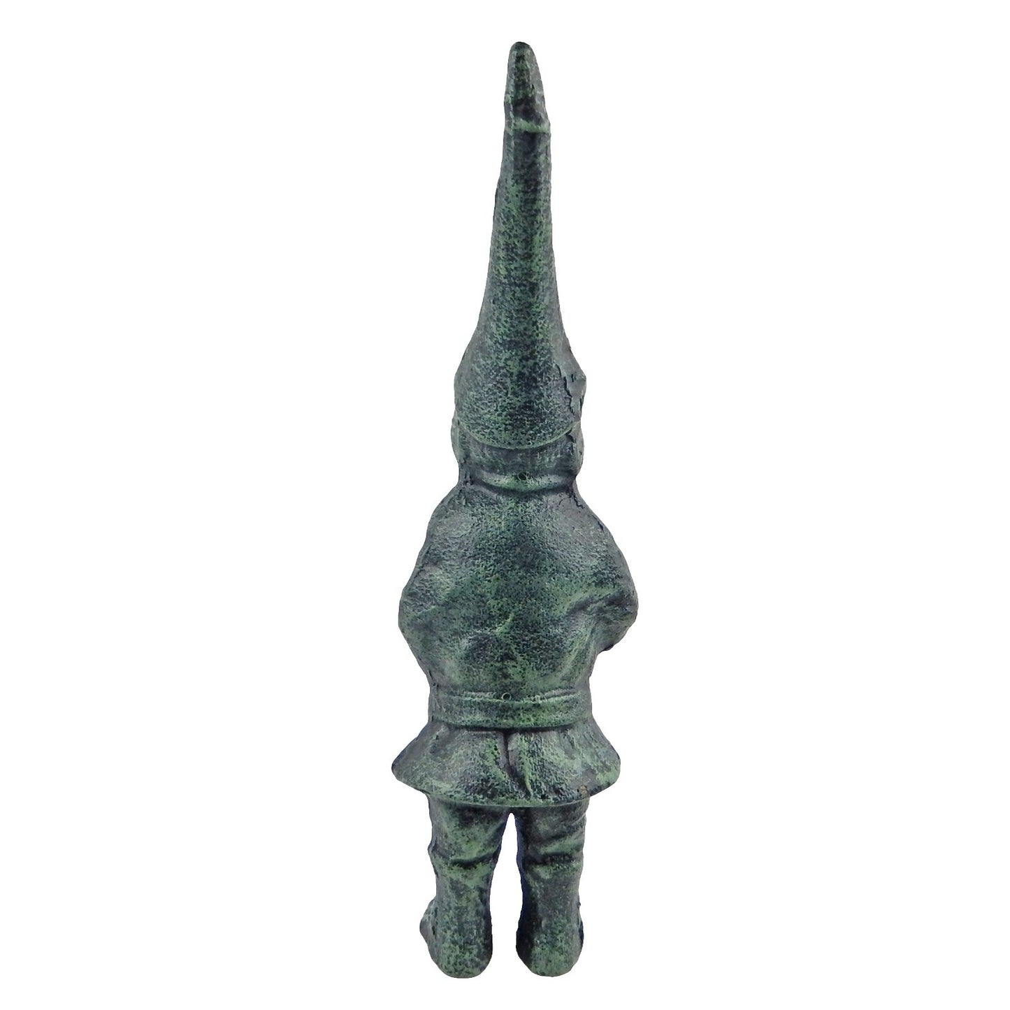Green Cast Iron Garden Gnome Figurine Statue Antique Verdigris Finish 13 in Tall