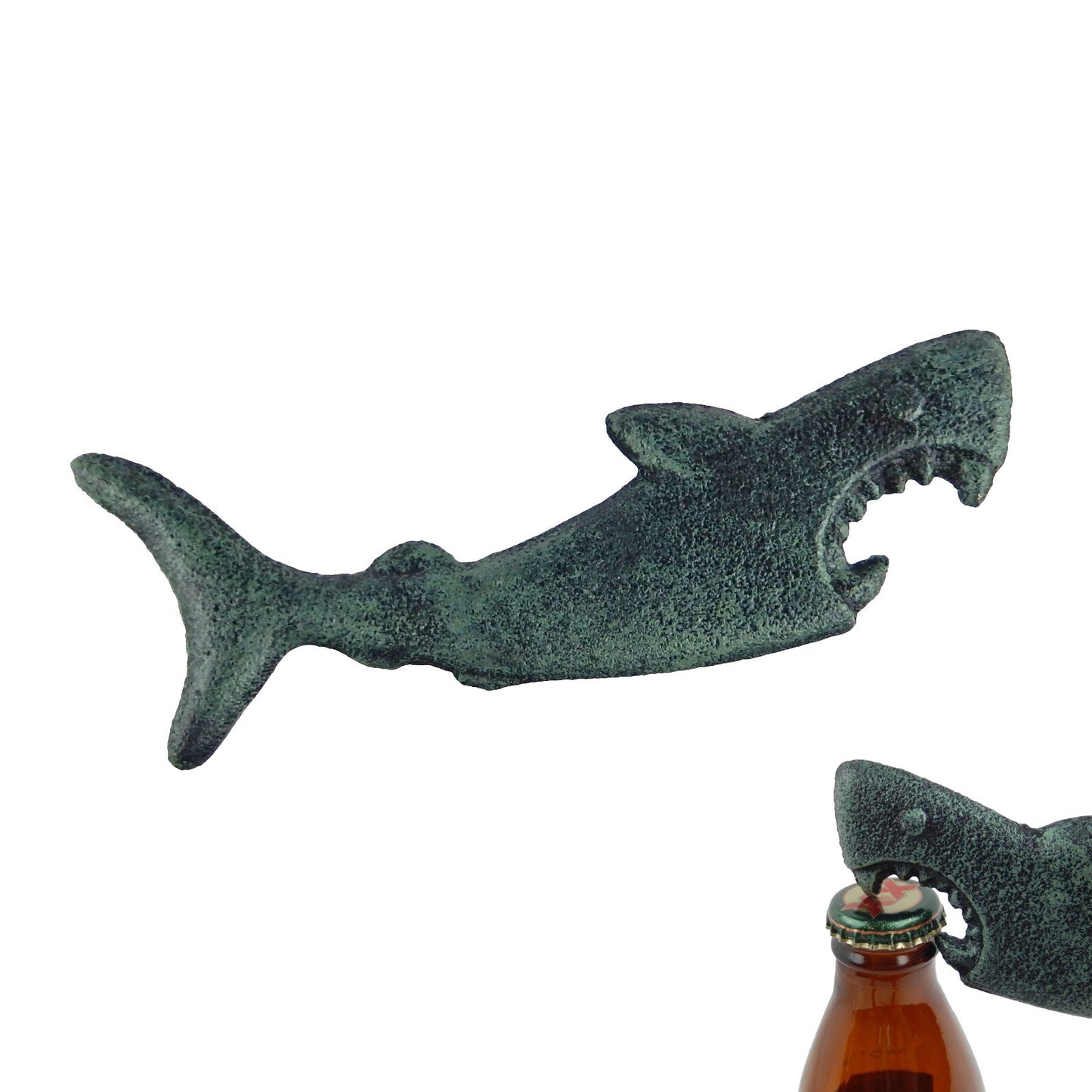 Cast Iron Attacking Shark Teeth Beer Bottle Opener Handheld Verdigris Green