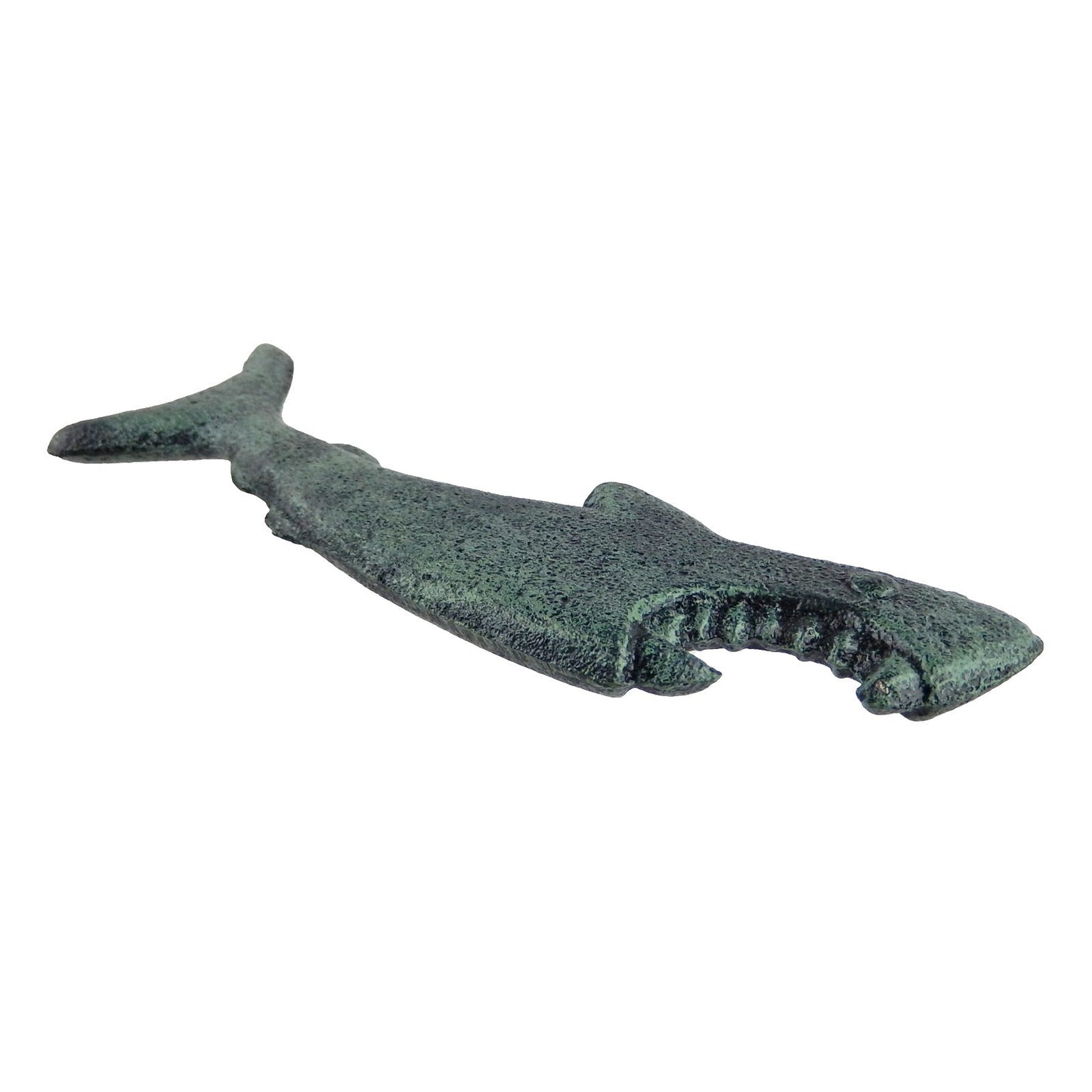 Cast Iron Attacking Shark Teeth Beer Bottle Opener Handheld Verdigris Green