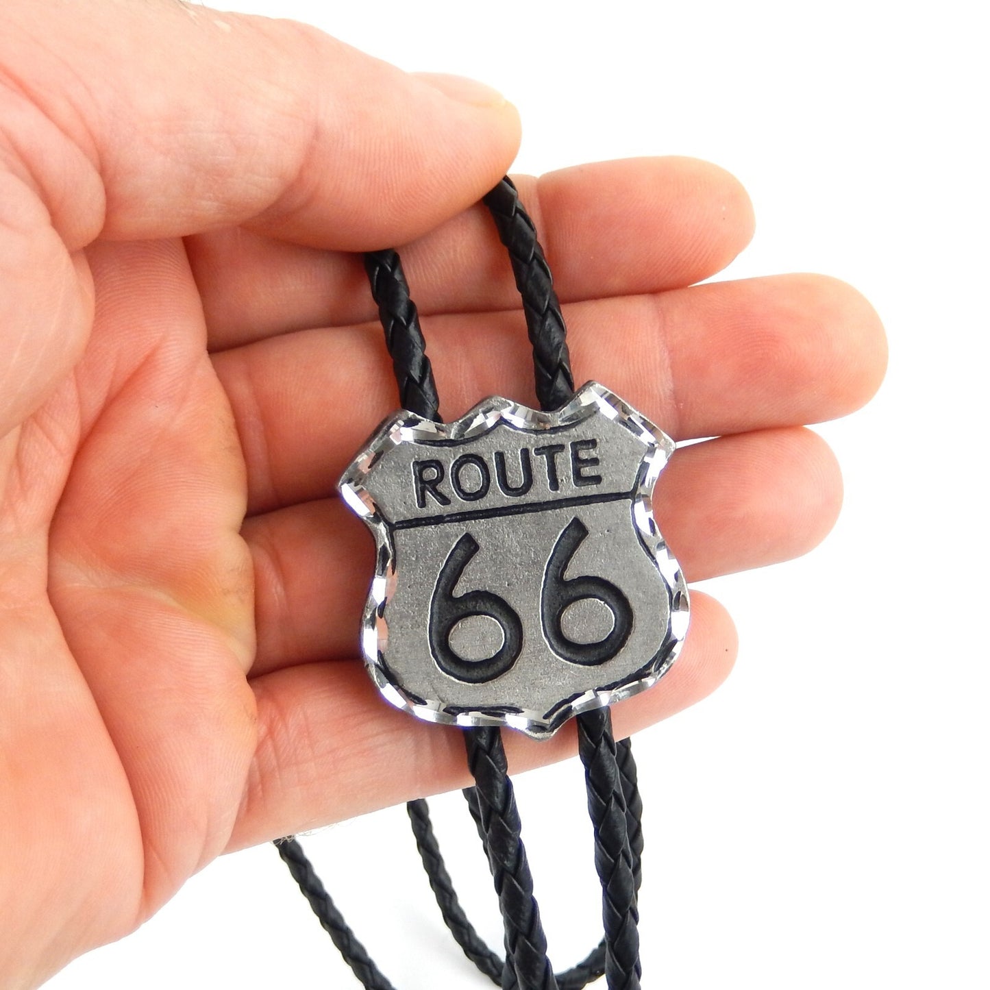 Western Silver Tone Route 66 Bolo Tie Adjustable 36 inch Black Cord Made in USA