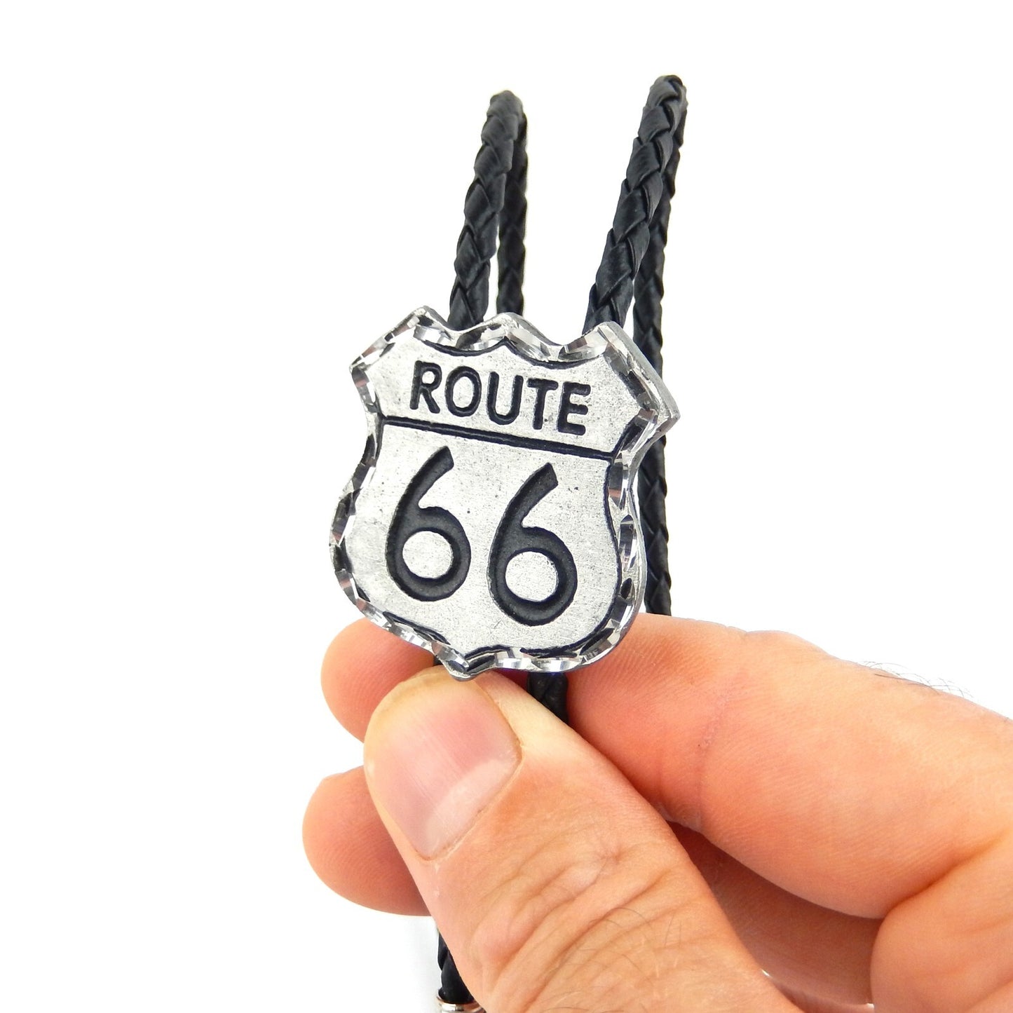 Western Silver Tone Route 66 Bolo Tie Adjustable 36 inch Black Cord Made in USA