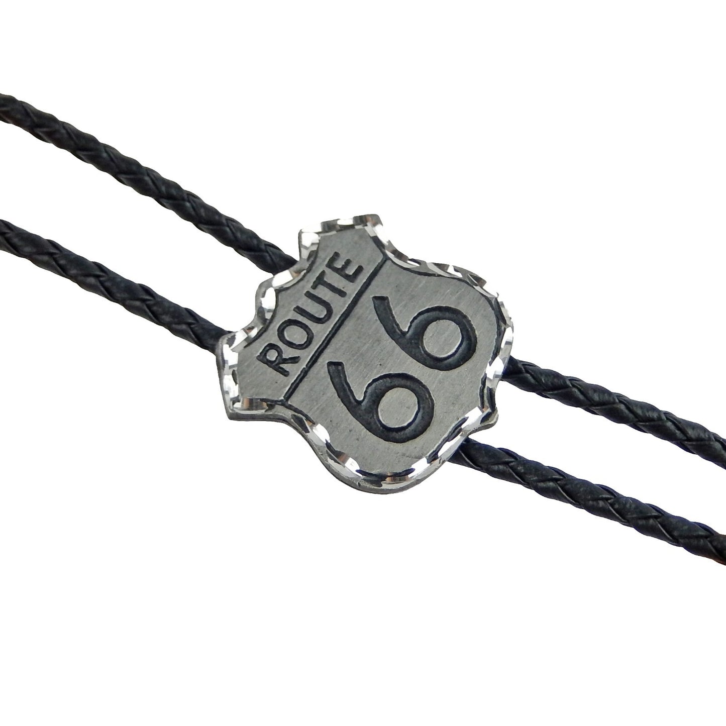 Western Silver Tone Route 66 Bolo Tie Adjustable 36 inch Black Cord Made in USA