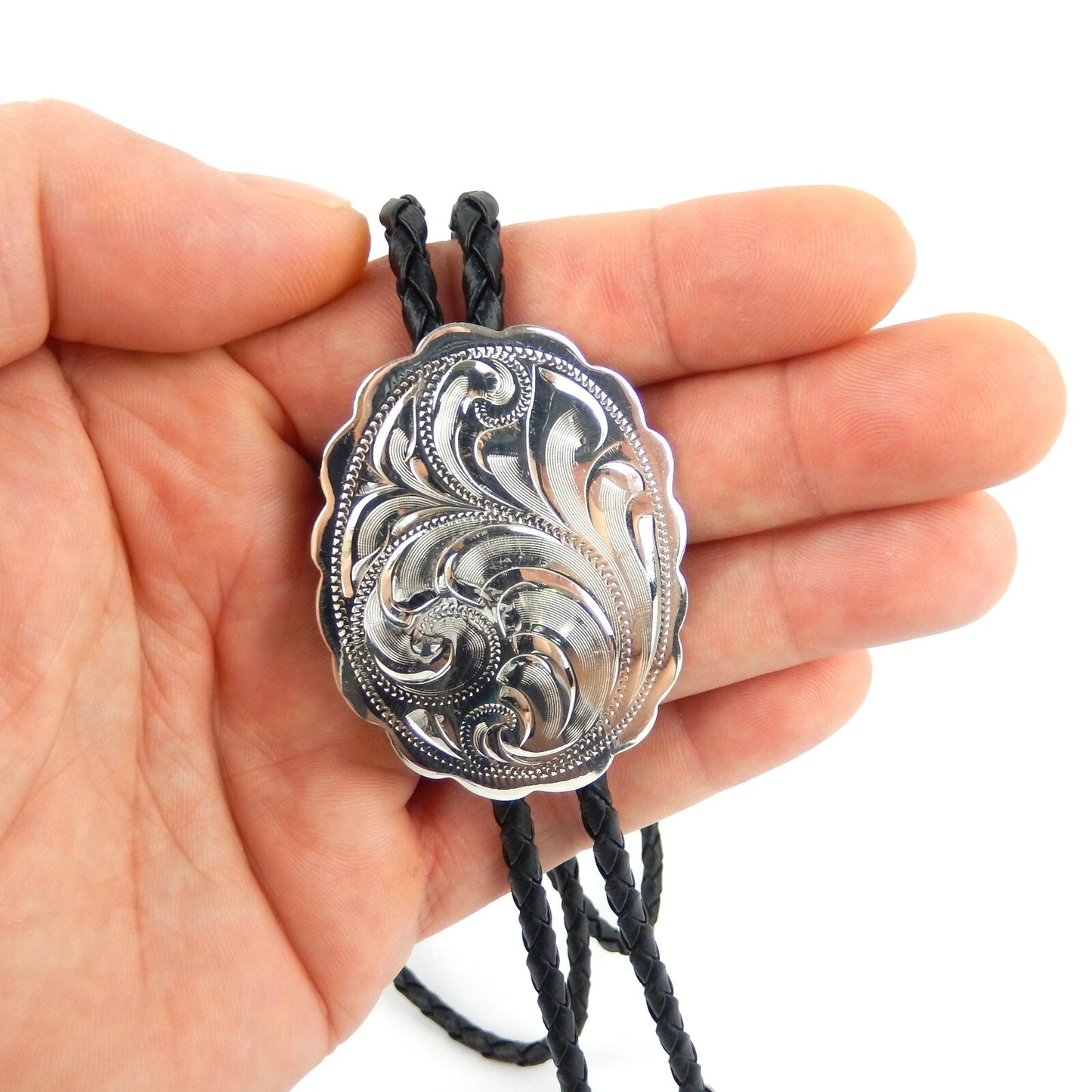 German Silver Engraved Floral Bolo Tie Adjustable 36 inch Black Cord Made in USA