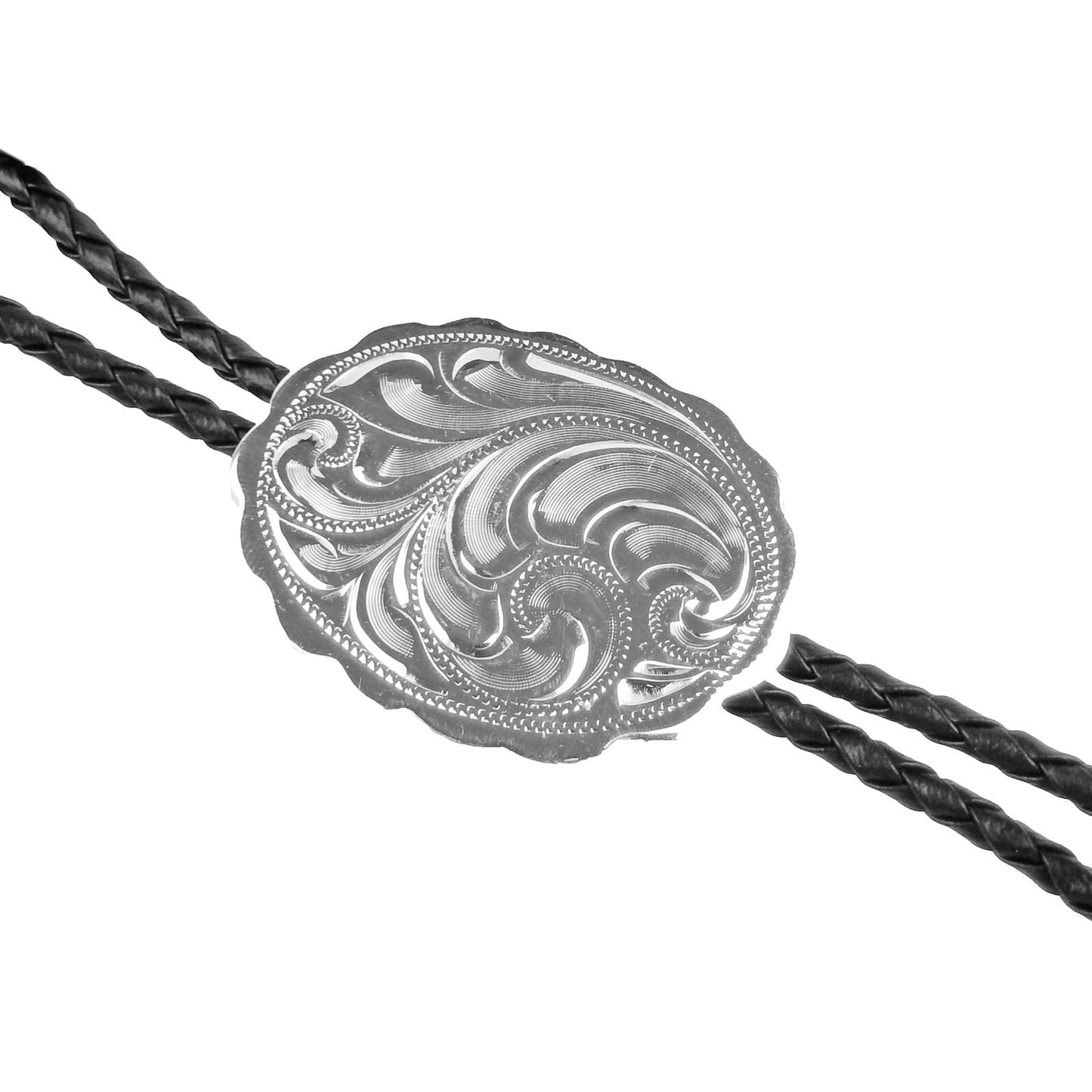 German Silver Engraved Floral Bolo Tie Adjustable 36 inch Black Cord Made in USA