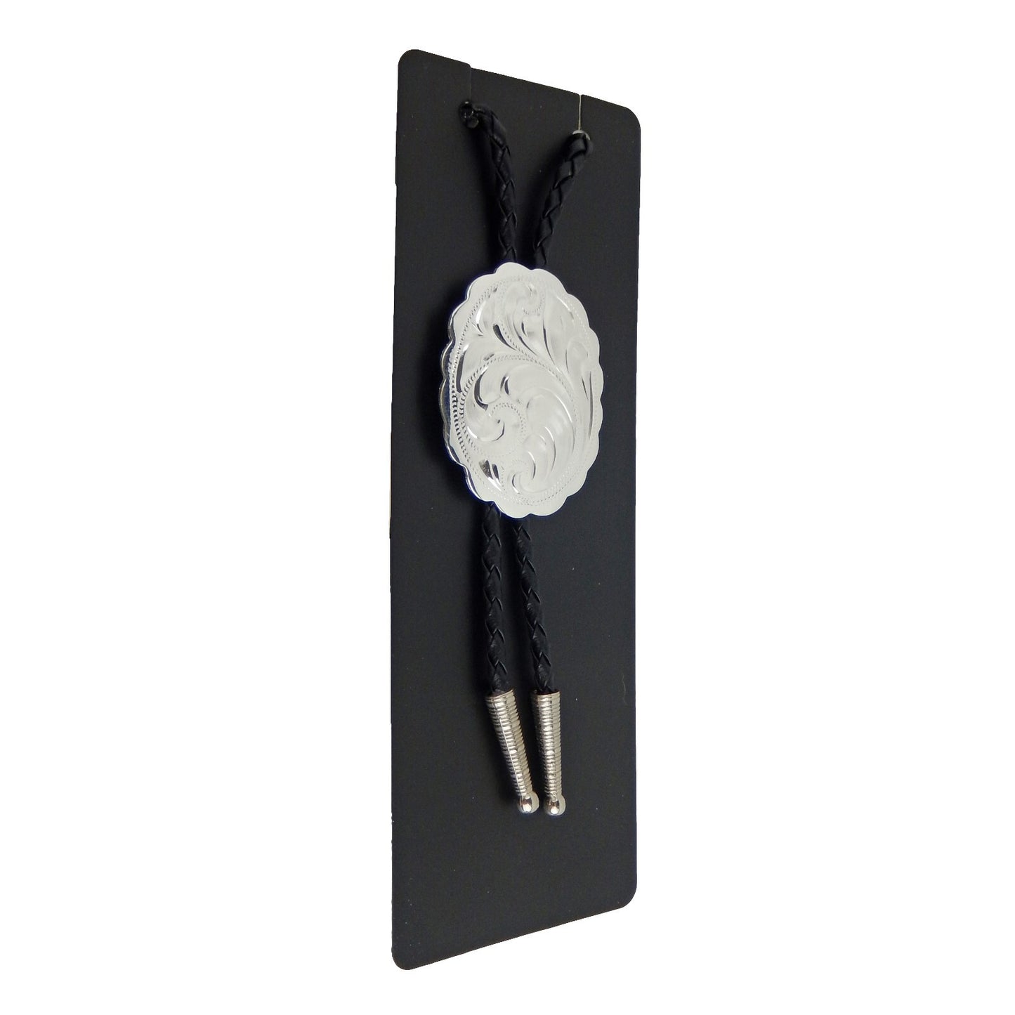 German Silver Engraved Floral Bolo Tie Adjustable 36 inch Black Cord Made in USA