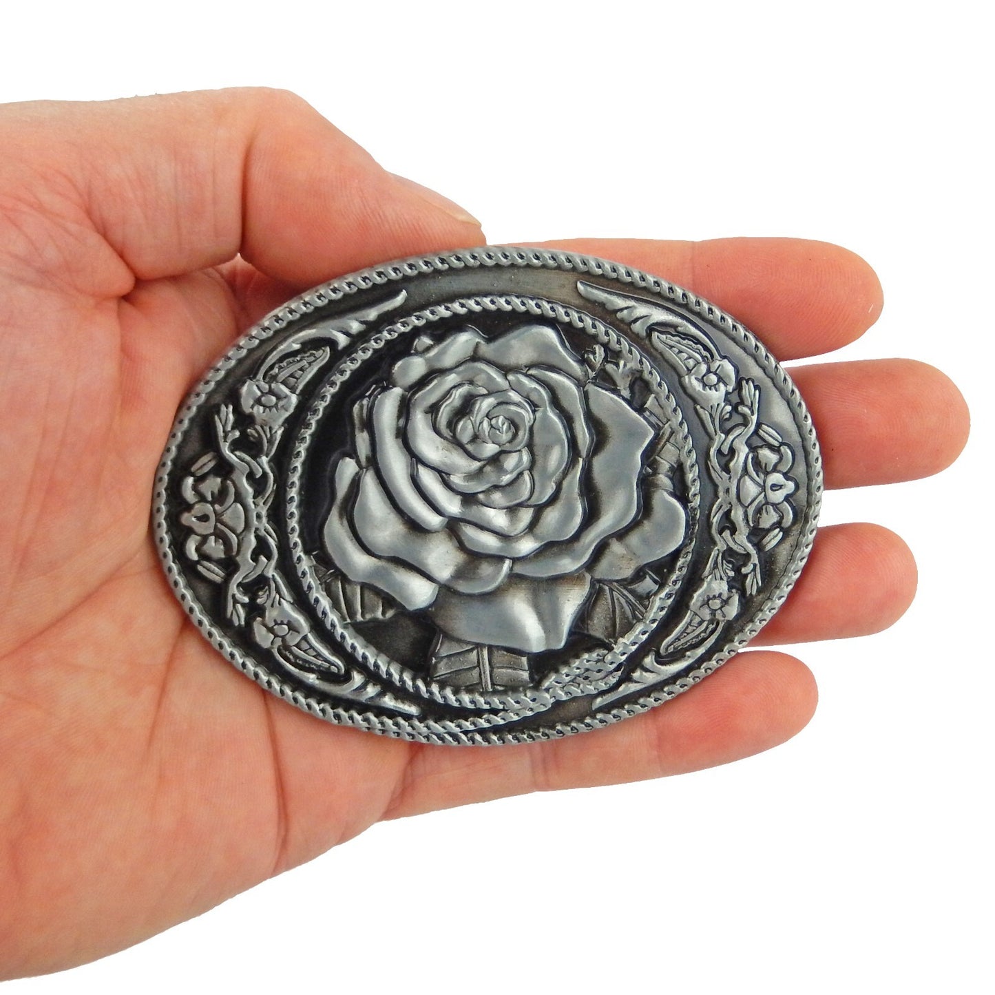 Western Women's Floral Rose Oval Belt Buckle Antique Silver Fits 1.5 inch Belts