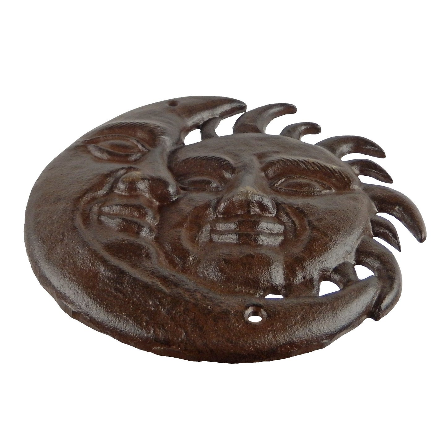 Metal Cast Iron Sun & Moon Face Wall Decor Plaque Antique Brown Patina 7.5 inch