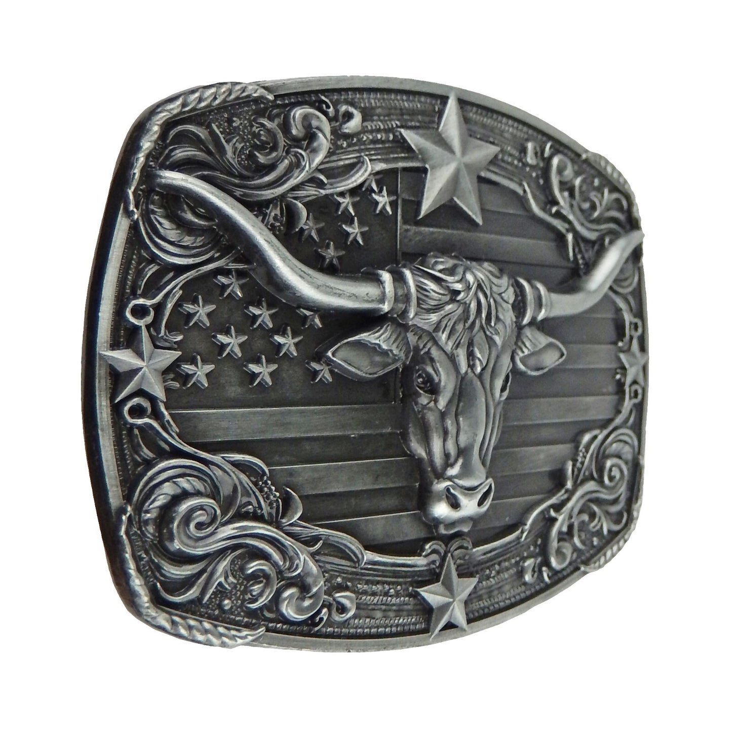 American Flag Longhorn Steer Star Belt Buckle Antique Silver Fits 1.5 inch Belts