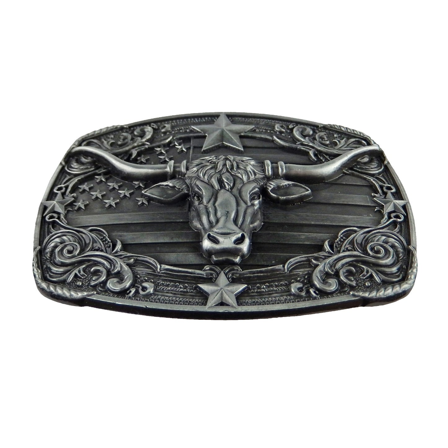 American Flag Longhorn Steer Star Belt Buckle Antique Silver Fits 1.5 inch Belts