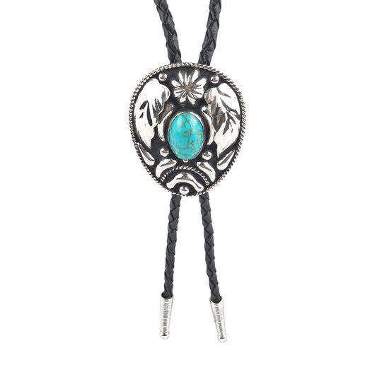 Turquoise Stone Floral Bolo Tie German Silver 36 inch Black Cord Made in USA