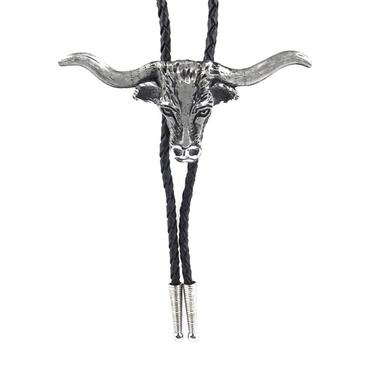 Steer Head Bolo Tie Western Longhorn Silver Tone 36 inch Black Cord USA Made