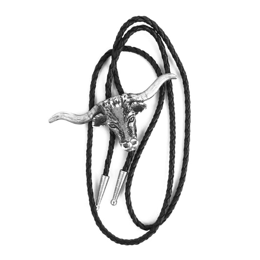 Steer Head Bolo Tie Western Longhorn Silver Tone 36 inch Black Cord USA Made