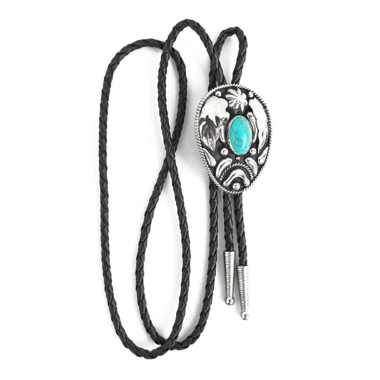 Turquoise Stone Floral Bolo Tie German Silver 36 inch Black Cord Made in USA