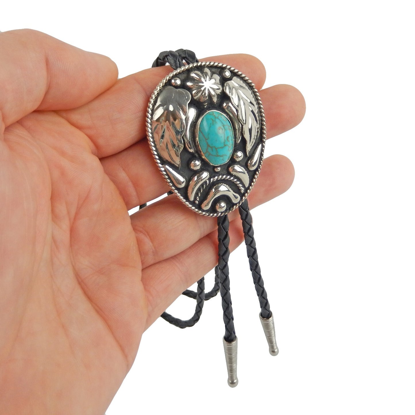 Turquoise Stone Floral Bolo Tie German Silver 36 inch Black Cord Made in USA