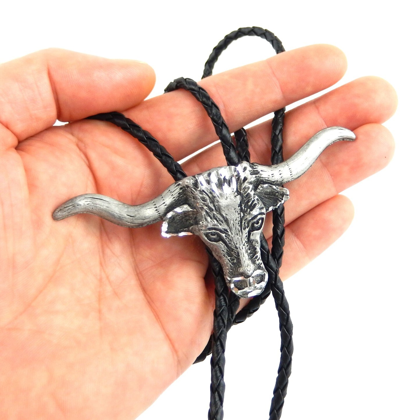 Steer Head Bolo Tie Western Longhorn Silver Tone 36 inch Black Cord USA Made