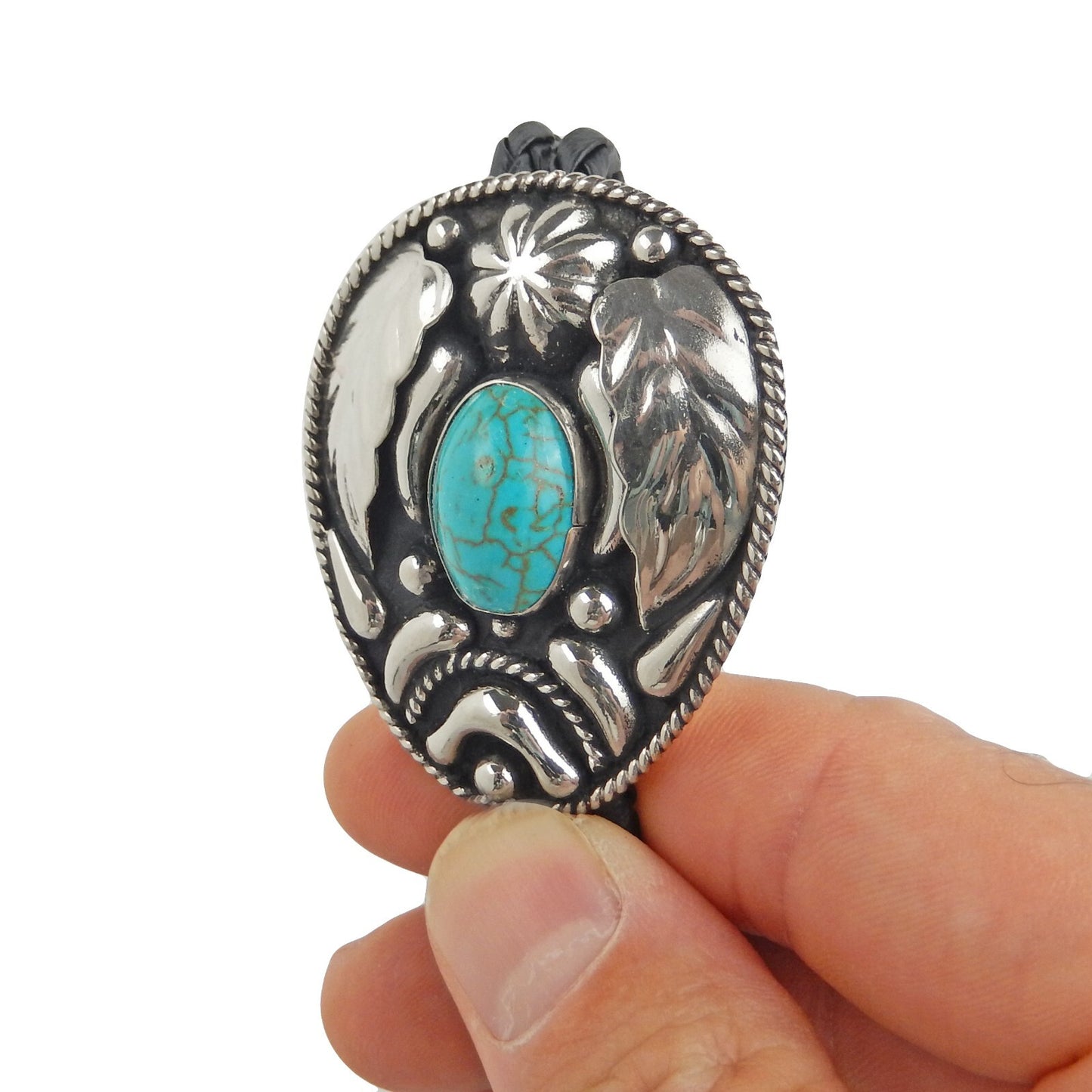 Turquoise Stone Floral Bolo Tie German Silver 36 inch Black Cord Made in USA