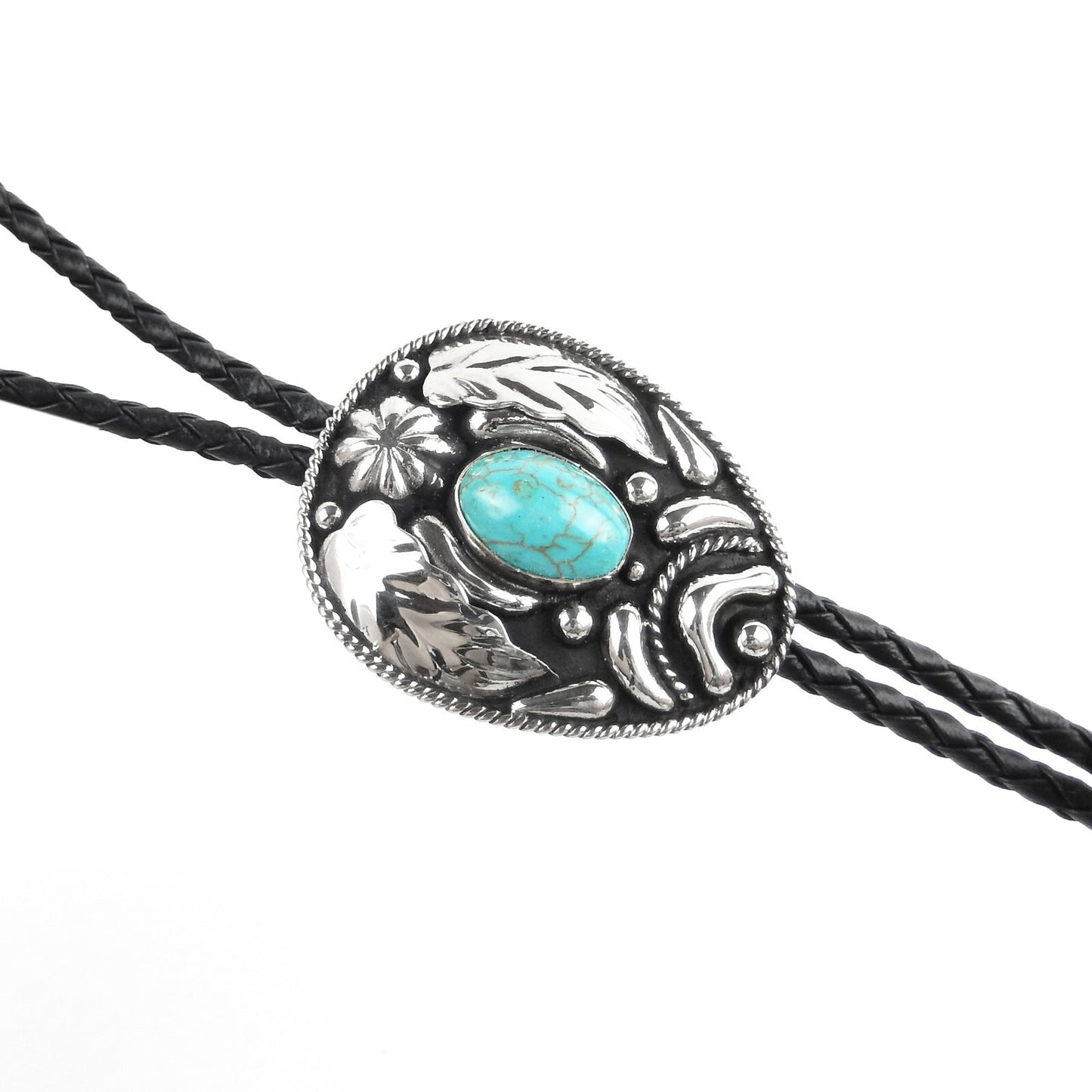 Turquoise Stone Floral Bolo Tie German Silver 36 inch Black Cord Made in USA