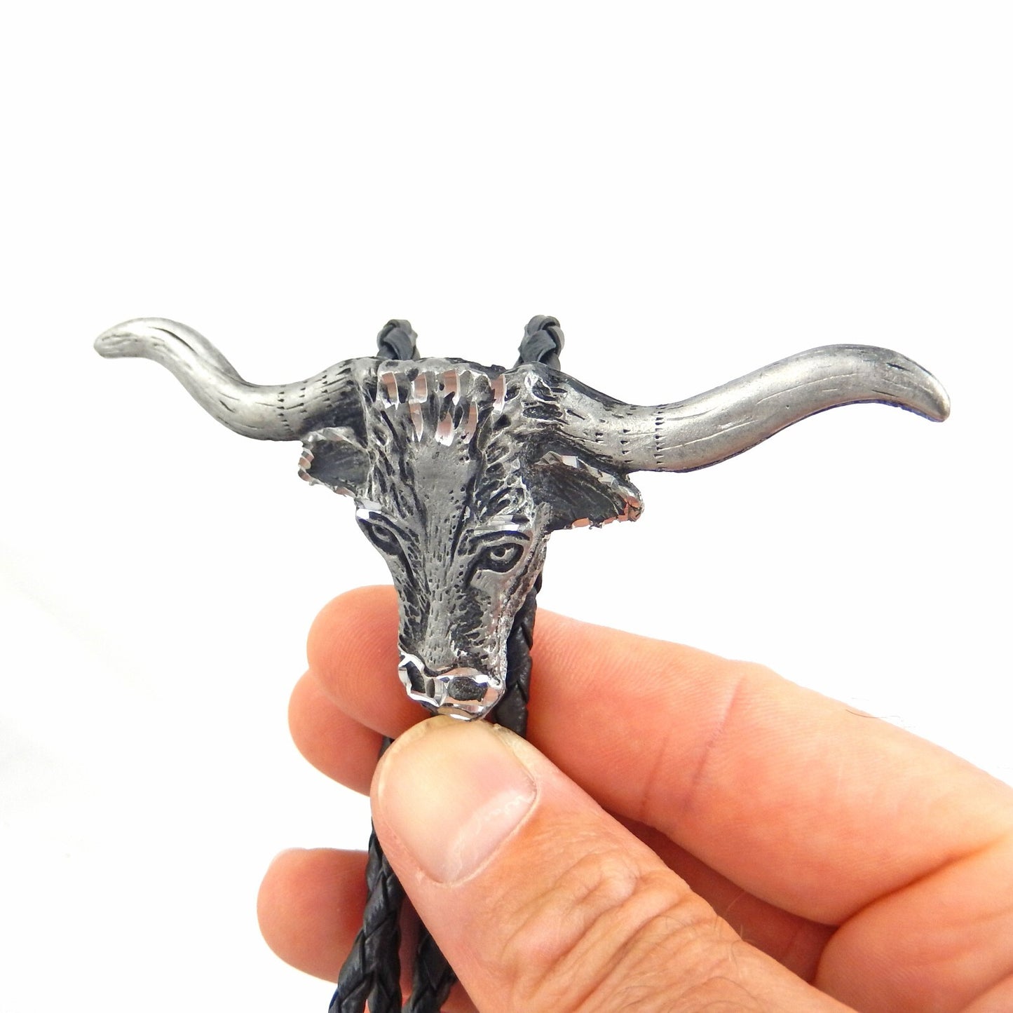Steer Head Bolo Tie Western Longhorn Silver Tone 36 inch Black Cord USA Made