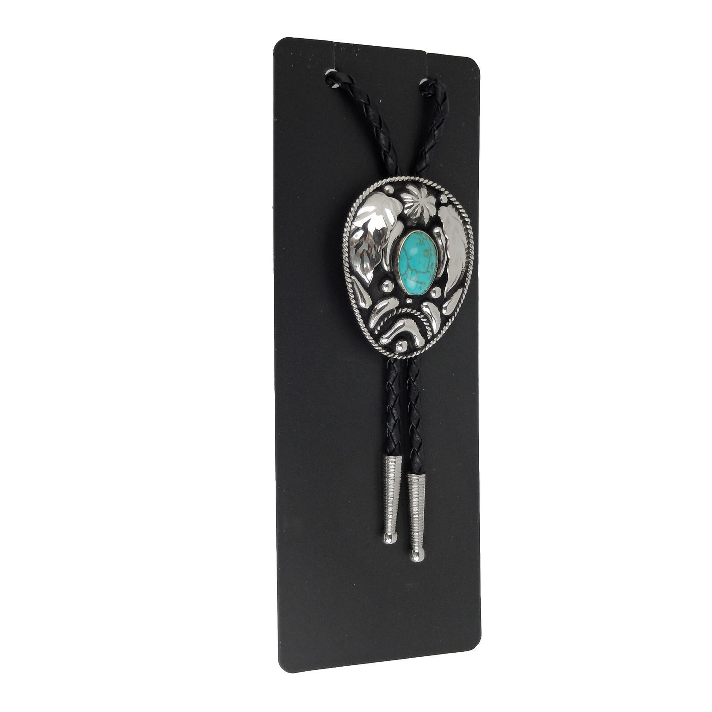 Turquoise Stone Floral Bolo Tie German Silver 36 inch Black Cord Made in USA